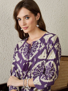 Damen Lila Ikat-Bedrucktes Baumwoll-Kurta-Set Reguläre Passform Knielang Ethnischer Stil Lässige Hochzeitskleidung Schnelltrocknend Für Alle Jahreszeiten Indien - Product Image 6