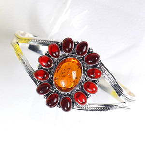Top Quality Amber and <b>Red</b> Gemstone Cuff <b>Bracelet</b> Custom Opaque Stone Cluster Silver Plated Fashion Jewelry for Bulk Suppliers - Product Image 3