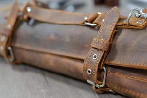 Leather Knife <b>Roll</b> Storage <b>Bag</b> With Zipper Closure Vintage Style Durable <b>Tool</b> Organizer For Chef <b>Tools</b> - Product Image 6