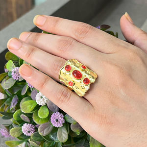 Bague ajustable en laiton massif plaqué or avec perles et pierres précieuses en jade rouge, grande taille, pour femme, idéale pour les cadeaux - Product Image 5