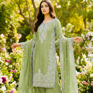 Conjunto de Salwar Kameez de Seda Real Bordada, Moda Asiática del Reino Unido - Product Image 1