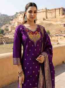 Purple Silk <b>Kurta</b> Pant Dupatta Set With Hand Drawn Embroidery Traditional <b>Indian</b> Ethnic Wear For Women Regular Fit Ankle Length - Product Image 2