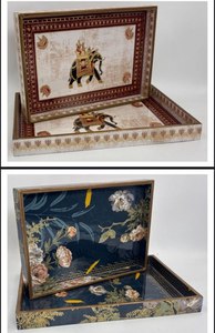 Wholesale Custom Tray <b>Set</b> With Handlespana Fish Roe Pattern Leather Rectangle Wooden Tray Tea Coffee Tray - Product Image 4