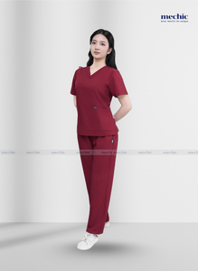 Women's <b>Maroon</b> Scrub Set V-Neck Short Sleeve Hospital Uniform Knitted Cotton Polyester Pants Included from in Viet Nam - Product Image 3