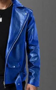 Veste moto en cuir PU bleu pour homme, coupe ajustée, fermeture éclair, col rabattu, couleur unie, vêtement d'automne - Product Image 4