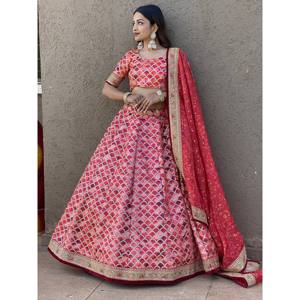 Pink <b>Sequin</b> Art Silk Engagement Lehenga Choli with Geometric Pattern V-neck Stretchable Satin Fabric for Women - Product Image 1