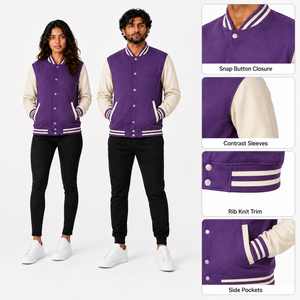 Chaqueta Varsity Personalizable Unisex Morada y Crema con Cierre de Broches, Mangas en Contraste, Ribete Acanalado y Bolsillos para Ropa Urbana - Product Image 6