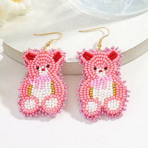 New Women Handmade Pink Teddy <b>Bear</b> Seed Bead Dangle Valentine Day <b>Cute</b> Statement Jewelry for Romantic Casual Wear BY MULTI CRAFT - Product Image 1