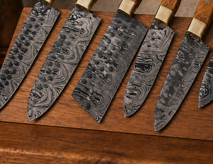 Custom Handmade Seven-Piece Chef <b>Set</b> Straight Edge <b>Sharp</b> Blades Damascus Steel Ambidextrous Wood Handle Leather Sheaths - Product Image 3