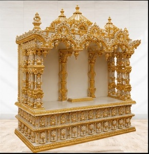 Achetez un Temple/Puja Mandir en bois de teck pour la maison, taille personnalisable, haut de gamme, sculpté à la main, couleur dorée, Pooja Ghar avec armoire de rangement - Product Image 2