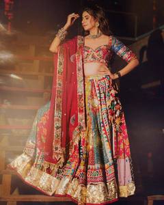 Lehenga Choli Tradicional de Algodón Muselina para Mujer, con Dupatta de Encaje, Estampado Digital, Secado Rápido, Largo hasta el Suelo, para Bodas y Fiestas - Product Image 1