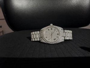 Luxury Fashion Antique VVS Moissanite Pave Mechanical Movement <b>Men's</b> Watch with Stainless Steel Bracelet Auto Date Roman Dial - Product Image 1