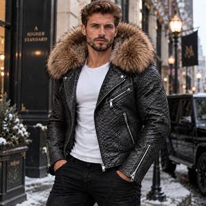 Men's Python Leather Jacket with Real Detachable <b>Fox</b> <b>Fur</b> Hood | Herren Lederjacke | Chaqueta Hombre de Cuero Python - Product Image 1