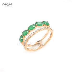 Anillo Apilable de Doble Aro con Esmeralda Natural de Corte Ovalado de 5x3mm y Halo de Diamantes en Oro Rosa de 14k, Joyería de Compromiso, Tendencia Actual - Product Image 4