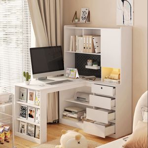 Modern LED Light L-Shaped Desk with Charger Drawers Bookshelf for Home <b>Office</b> <b>Computer</b> Desk by 'L Shaped St' - Product Image 2