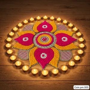 Handmade Nonwoven Felt Diwali Rangoli Floor <b>Decor</b> Flower Shape <b>Pink</b> Yellow Traditional <b>Home</b> Decoration - Product Image 1