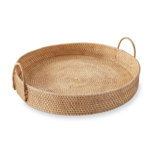 Wholesale Handmade Natural Rattan <b>Round</b> Serving <b>Tray</b> with Handles Eco-friendly Woven Wicker Basket for Coffee <b>Table</b> Decor - Product Image 1