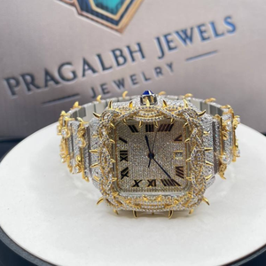 Montre de luxe bicolore entièrement sertie de moissanite, lunette à motif épines, boîtier carré, mouvement automatique, cadran romain, étanche - Product Image 6