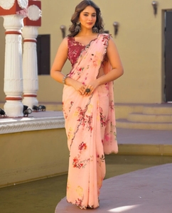 Sari de Georgette Bordado y Estampado KV, Estilo Bollywood - Product Image 2
