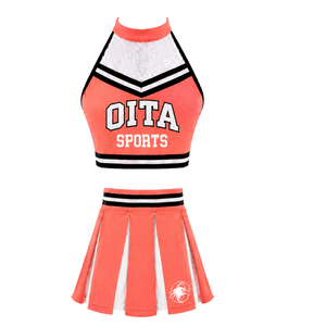 Ensemble d'uniforme de cheerleading pêche-orange avec jupe plissée et crop top pour performance d'équipe, concours de danse et tenue de sport athlétique - Product Image 1