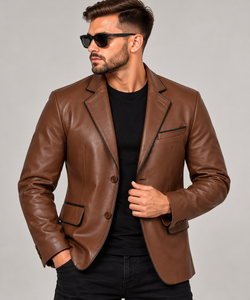 <b>Men's</b> Genuine <b>Leather</b> <b>Blazer</b> Brown Formal Suit Jacket Black Contrast Piping Premium Notch Lapel Two Button Single Breasted Slim - Product Image 4