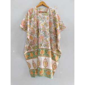 Robe tunique kaftan en coton faite main, imprimé floral, style bohème, pour la plage, coupe ample, tenue d'été, col en V, manches chauve-souris, pour femme - Product Image 2