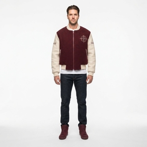 Chaqueta Varsity Retrofuturista de Lana Bouclé de 24oz, Acabado Personalizado, para Hombre, Mangas de Cuero Sintético, Impermeable, Servicio OEM - Product Image 1