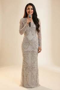 Vestidos de Noche de Sirena con Lentejuelas Teal Personalizados al por Mayor, Vestidos Formales de Manga Larga con Cuentas Pesadas, Suministro Directo de Fábrica OEM - Product Image 2