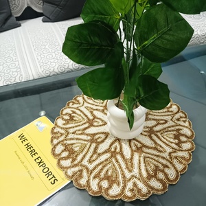 Handmade Glass <b>Beaded</b> Round Placemat Gold White Floral Traditional Eco-Friendly <b>Charger</b> <b>Plate</b> Tableware - Product Image 1