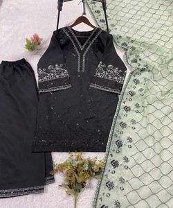 RICH LOOK ROMAN SEQUENCE EMBROIDERY WORK <b>TOP</b> PALAZZO WITH DUPATTA GREEN PAKISTANI SALWAR KAMEEZ SET 85268 LG-2104 - Product Image 3