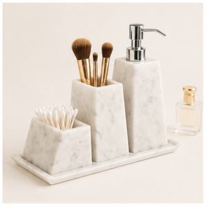 Classic Natural White Marble Bathroom Accessory Set with Soap Dispenser <b>Toothbrush</b> <b>Holder</b> and Vanity Tray or Home & Hotel Decor - Product Image 3