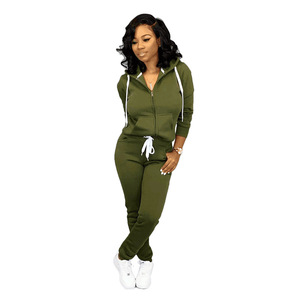 Survêtement léger à capuche pour femme, couleur unie, design 2 en 1, manches longues, fermeture éclair sur le devant, ensemble de jogging avec poches, tenue décontractée d'automne, vert - Product Image 1