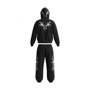 2026 Men's Streetwear Gothic Zip Up Tracksuit Custom <b>Oversized</b> Hoodie & <b>Jogger</b> Set High Quality Cotton casual wear - Product Image 2