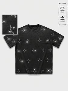 เสื้อยืดผู้ชายผ้าฝ้ายล้างทรงเทรนดี้ ลายดาวและพระจันทร์ประดับเพชรเทียม เสื้อยืดโอเวอร์ไซส์ สตรีทแวร์ ทรงหลวม สไตล์ฮิปฮอป เสื้อยืดลำลองใส่สบายสำหรับฤดูร้อน - Product Image 2