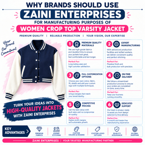 Veste universitaire courte pour femme en mélange de laine premium 350 GSM, bleu et blanc, manches en cuir, broderie chenille personnalisée sur le devant - Product Image 5