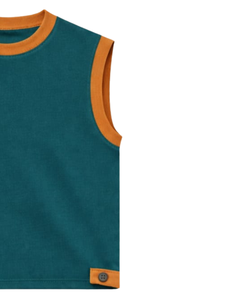 Ensemble débardeur sans manches et short vert sarcelle pour homme, tenue décontractée d'été en coton avec bordure orange et cordon de serrage, ensemble deux pièces coupe élégante - Product Image 2