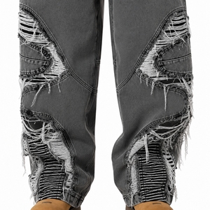 Men Distressed Jeans Washed Denim Relaxed Baggy Fit Ripped Detail Style Modern Streetwear Look Durable Denim Fabric - Product Image 5