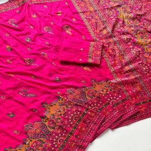 VASTRA COTTAGE Sari de Seda Pura Rajwadi Pashmina con Pallu de Hilo Cachemir, Borde Pesado y Borlas, con Pieza de Blusa - Product Image 3