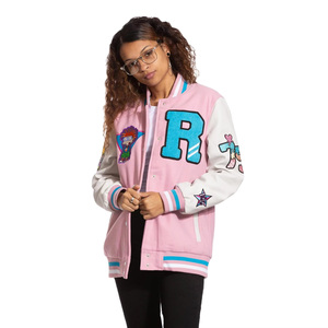 Wholesale Price Pink Varsity <b>Jacket</b> Women's Embroidered Letter R Patch Design Full Sleeve Turn-down Collar Autumn Wear - Product Image 1