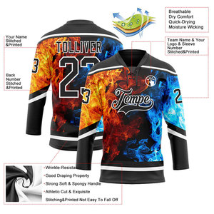 Camiseta de Hockey Personalizada para Hombre con Cuello en V, Estampado de Fuego y Hielo, Transpirable, de Poliéster, para Adultos, con Logotipo de Equipo en la Parte Delantera, Manga Tres Cuartos - Product Image 2