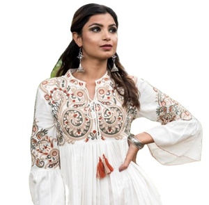 2024 Modest New Collection Embroidered Three Quarter Sleeve Boho Fashion Natural Woven Button Maxi Dress - Product Image 1