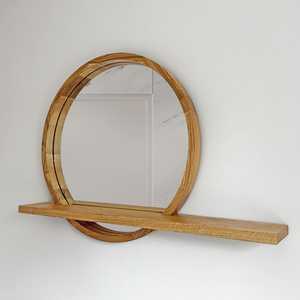 Modern Round Solid Wood Wall Mirror Integrated Storage Ledge Shelf Natural <b>Oak</b> Timber <b>Frame</b> Bathroom Vanity Decor Artwork Object - Product Image 6