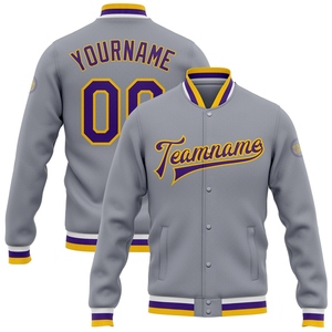 Veste bomber personnalisée en gros, gris, violet-doré, entièrement boutonnée, style universitaire, avec lettres - Product Image 1