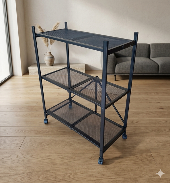 Black 3-Layer Carbon Steel Rolling Shelf With Wire Mesh And Wheels Portable Multi-Level Storage Rack