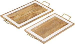 Plateau de service rectangulaire en bois de manguier, incrustation émail blanc, poignées métalliques dorées, vaisselle décorative, vente en gros, cadeau - Nouveauté très prisée - Product Image 4