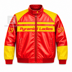 Veste en cuir personnalisée NSPDK Sorority rouge et or avec logo brodé, style décontracté pour femme, doublure en polyester. - Product Image 1