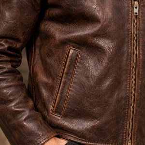Veste moto en cuir véritable marron pour homme, col rabattu, fermeture éclair, coupe classique, style automne - Product Image 6