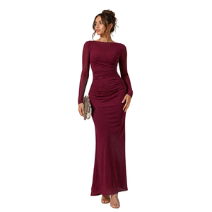 Wholesa <b>Red</b> Shinny Floor Length Dress with <b>Sequined</b> Embroidery Full Sleeve O-Neckline Bodycon Satin Cocktail Party Wear Dresses - Product Image 1