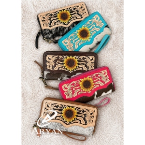 Nueva Cartera de Cuero de Vaca Grabada a Mano con Diseño Floral de Girasol Estilo Western, Bolso de Mano con Correa para Dama, Monedero con Protección RFID - Product Image 1