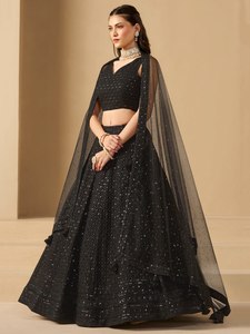 Robe de soirée longue en georgette noire brodée, coupe trapèze, sans manches, col en V, ensemble deux pièces formel - Product Image 4